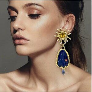 Surreal Baroque Blue Teardrop Statement Earrings Gold Tone Dangle Party Jewelry